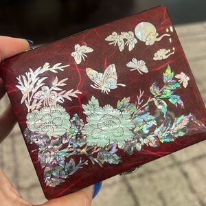 Mother of Pearl Floral Lacquer Wood Asian Trinket Box or Jewelry Box With Mirror